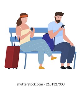 Man and woman tourists sitting on bench with suitcases waiting for departure flight summer travel vacation vector flat illustration. Couple browsing internet chatting use smartphone awaiting airplane