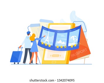 Man and woman tourists standing in front of giant smartphone and choosing trip or journey destination for their vacation, places to visit. Travel or touristic service. Flat vector illustration.