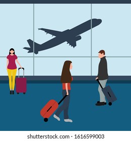Man with woman tourists travelers with a suitcase at the airport waiting for the plane. Cartoon flat design, vector illustration