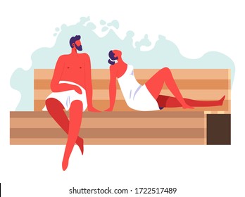 Man and woman in towel sitting on wooden bench in sauna. Couple relaxing and treating in warm cabin with steam. Spa procedures of male and female in room with hot temperature for sweating skin vector