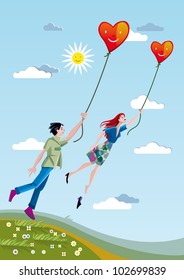 A man and a woman towering over the fields holding a heart tied with strings