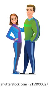 Man and woman in tracksuit. Got ready for sports activities. Cheerful person. Standing pose. Cartoon style. Single character. Illustration isolated on white background. Vector.