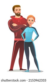 Man and woman in tracksuit. Got ready for sports activities. Cheerful person. Standing pose. Cartoon style. Single character. Illustration isolated on white background. Vector.