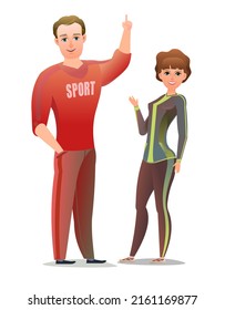 Man and woman in tracksuit. Got ready for sports activities. Cheerful person. Standing pose. Cartoon style. Single character. Illustration isolated on white background. Vector.