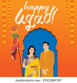 A man and woman in traditional attire against an orange background a Gudi and happy Ugadi text It features decorative borders and a blue archway