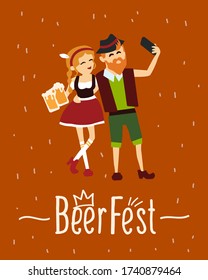 Man and woman in traditional bavarian costume take a selfie. 
Oktoberfest beer festival. Vector illustration.