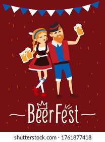 Man and woman in traditional bavarian costume take a selfie. 
Oktoberfest beer festival. 
Girl and guy with a glass of beer. Vector illustration.