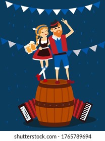 Man and woman in traditional bavarian costume take a selfie on a beer barrel. Oktoberfest beer festival. Girl and guy with a glass of beer. Vector illustration.