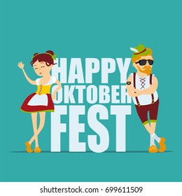 Man and woman in traditional bavarian costume. Inscription Happy Oktoberfest. Vector illustration 