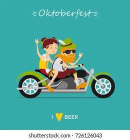 Man and woman in traditional bavarian costume  riding a motorcycle. Inscription i like beer, inscription Oktoberfest. Vector illustration 