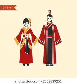 A man and a woman in traditional Chinese costumes Hanfu. Flat vector icon in vintage style