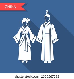 A man and a woman in traditional Chinese costumes Hanfu. Flat vector icon with long shadow