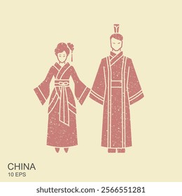 A man and a woman in traditional Chinese costumes Hanfu. Flat vector icon in retro style