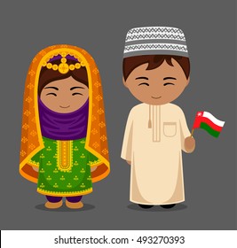 Man And Woman In Traditional Costume. Travel To Oman. People In National Dress With A Flag. Vector Flat Illustration.