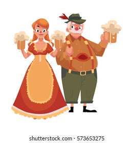 Man and woman in traditional German, Bavarian Oktoberfest costume holding beer mugs, cartoon vector illustration isolated on white background. German, Bavarian couple, people in traditional costume