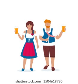 Man and woman in traditional German costumes celebrate Oktoberfest. Lederhosen and Dirndl.