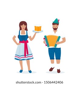 Man and woman in traditional German costumes celebrate Oktoberfest. Lederhosen and Dirndl. A guy in a green hat with a feather plays the accordion.