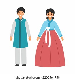 Man And Woman In Traditional Korean Clothes. Hanbok. Family From Asia.