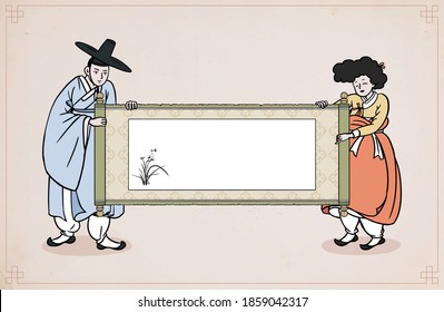 Man and woman in traditional Korean clothes(Hanbok) are holding a antique scroll. Vector illustration.