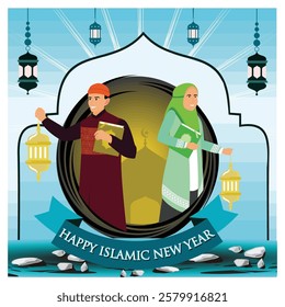 Man and woman in traditional Muslim clothing celebrating Islamic New Year with lanterns, symbolizing community, culture, and faith. Flat vector modern illustration 