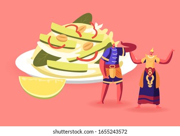 Man and Woman in Traditional Thailand Costumes Stand near Huge Plate with Traditional Asian Vegetable Salad with Cucumbers and Lime. Restaurant Meal, National Menu. Cartoon Flat Vector Illustration