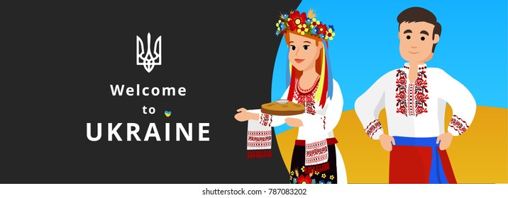 Man and woman in traditional ukrainian clothes. Ethnic decorative floral ornament at dress. Couple at ukrainian flag on background. Template for banner with text: "Welcome to Ukraine".