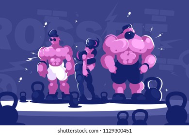 Man and woman training bodybuilding. Group of athletes with musculature. Vector illustration