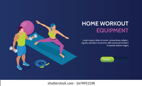 Man And Woman Training At Home With Fitness Equipment Isometric Horizontal Banner 3d Vector Illustration