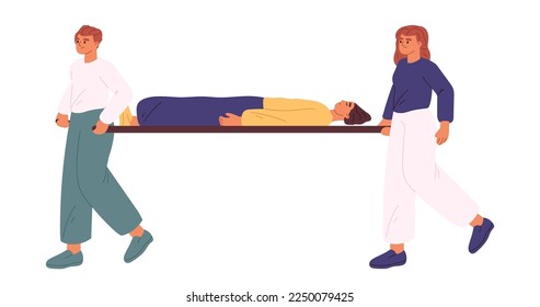 Man and woman transporting injured unconscious patient on medical stretchers to hospitalization after accident. Reanimation procedure and first aid courses training. Cartoon flat vector Illustration