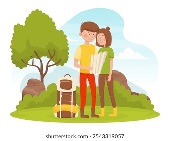 Man and Woman Travel with Backpack Explore Map Enjoy Vacation Vector Illustration