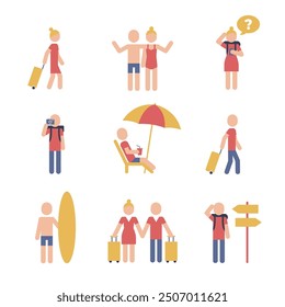 Man and woman travel pictogram icons. 