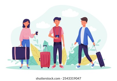 Man and Woman Travel with Suitcase Enjoy Vacation Vector Illustration
