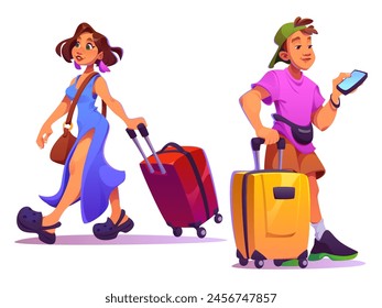 Man and woman travel with suitcase. Tourist people on vacation trip with luggage. Young character go abroad in summer holiday isolated icon set. Male passenger walk with phone and baggage design