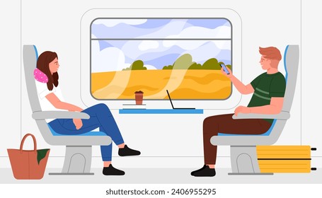 Man and woman travel in train compartment vector illustration. Cartoon inside train car scene with girl sitting in chair with neck pillow, guy holding phone to take photo of landscape outside window