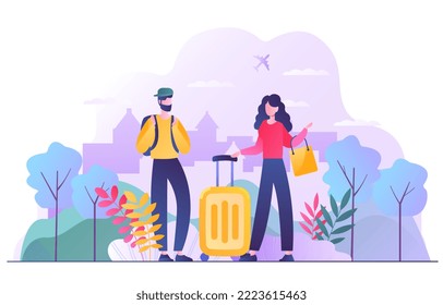 Man and woman travel. Young guy and girl with bag and suitcase on background of airport. Outdoors characters, tourism. Vacation and holiday. Poster or banner. Cartoon flat vector illustration