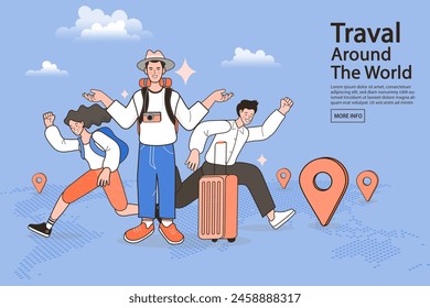 Man and woman traveler with suitcase on color background. concept travel and tourism. Summer holiday planning. Trip planning. Online booking service. Isolated flat illustration.