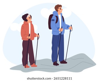 Homem e mulher viajando com mochilas e postes de caminhada através das montanhas. Turismo de caminhadas. Viagem de aventura. Casal andando na natureza. Escalada de rocha. Férias dos caminhantes. Conceito de vetor