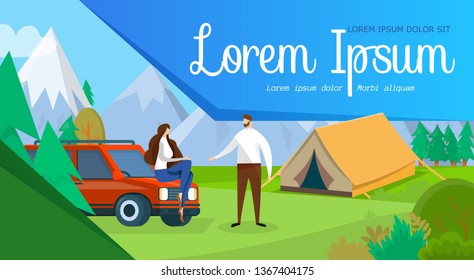 Man and Woman Traveling by Car. Camping Tent on Beautiful Nature and Hills Background. Young Couple Romantic Trip, Voyage at Summer Time Vacation. Cartoon Flat Vector Illustration. Horizontal Banner.