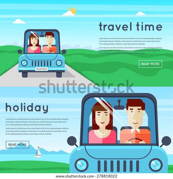 Man and woman traveling\
by car. World Travel. Planning summer vacations. Summer holiday.\
Tourism and vacation theme. 2 banners. Flat design vector\
illustration.