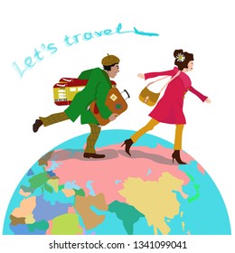 Man and woman traveling. Cartoon illustration. Tourism  and travel concept.  Colorful vector isolated on white background. 