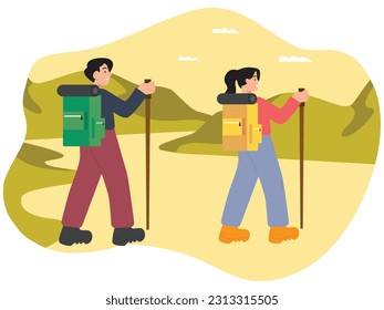 Man and woman traveling for mountain climbing adventure.Backpacking and camping in summer time