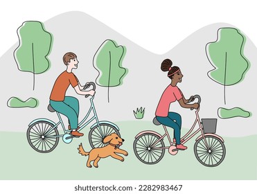 Man and woman traveling on bike in park, dog running nearby, family trip, doodle style vector