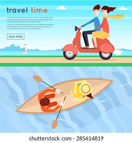 Man   woman traveling moped  lovers float boat the river top view  Summer  Flat design vector illustration 