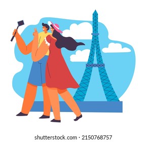 Man And Woman Traveling And Taking Selfies, Wife And Husband, Boyfriend And Girlfriend Or Friends Spending Summer Vacation Together. Happy People In France, Eiffel Tower In Paris, Vector In Flat