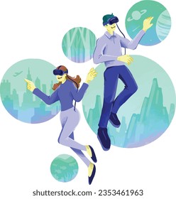 Man and woman traveling in virtual world Illustration