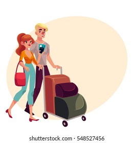 Man and woman travelling together, going on vacation, pushing luggage trolley, cartoon illustration on background with place for text. Full length portrait of young couple, man and women in airport