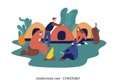 Man and woman travelling together resting at summer camp vector flat illustration. Group of tourist people relaxing near campfire isolated on white background. Colorful travel person at camping tent