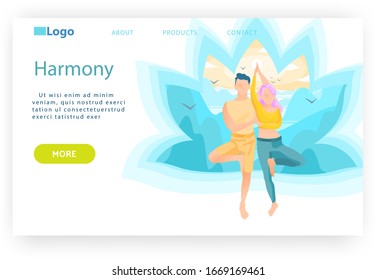 Man and woman in tree yoga pose. Harmony, meditation and mind enlightenment concept. Wellness and healthy lifestyle. Vector web site design template. Landing page website illustration