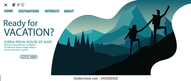 A man and a woman are trekking up to the hill together in silhouette design style with landscape view of the mountain range among the pine tree forest in the north area of the america  