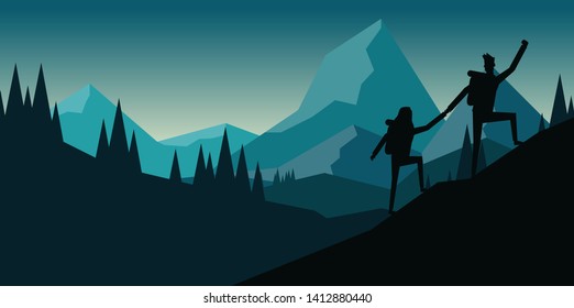 A man and a woman are trekking up to the hill together in silhouette design style with landscape view of the mountain range among the pine tree forest in the north area of the america  